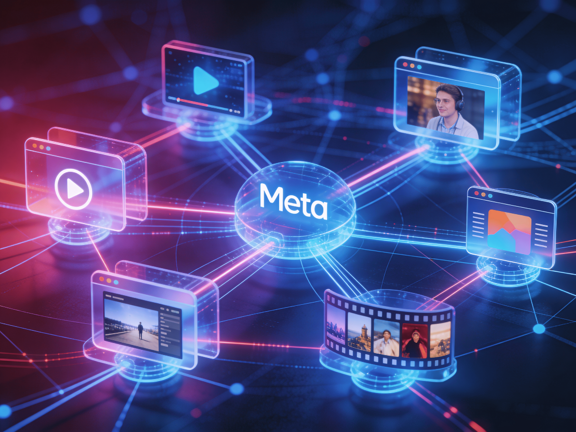 Visualisierung des Meta-Algorithmus: Chaotische Datenströme treffen auf das Meta-Logo und werden zu strukturierten, goldenen Objekten transformiert, stellvertretend für präzises Targeting und Lead-Generierung.