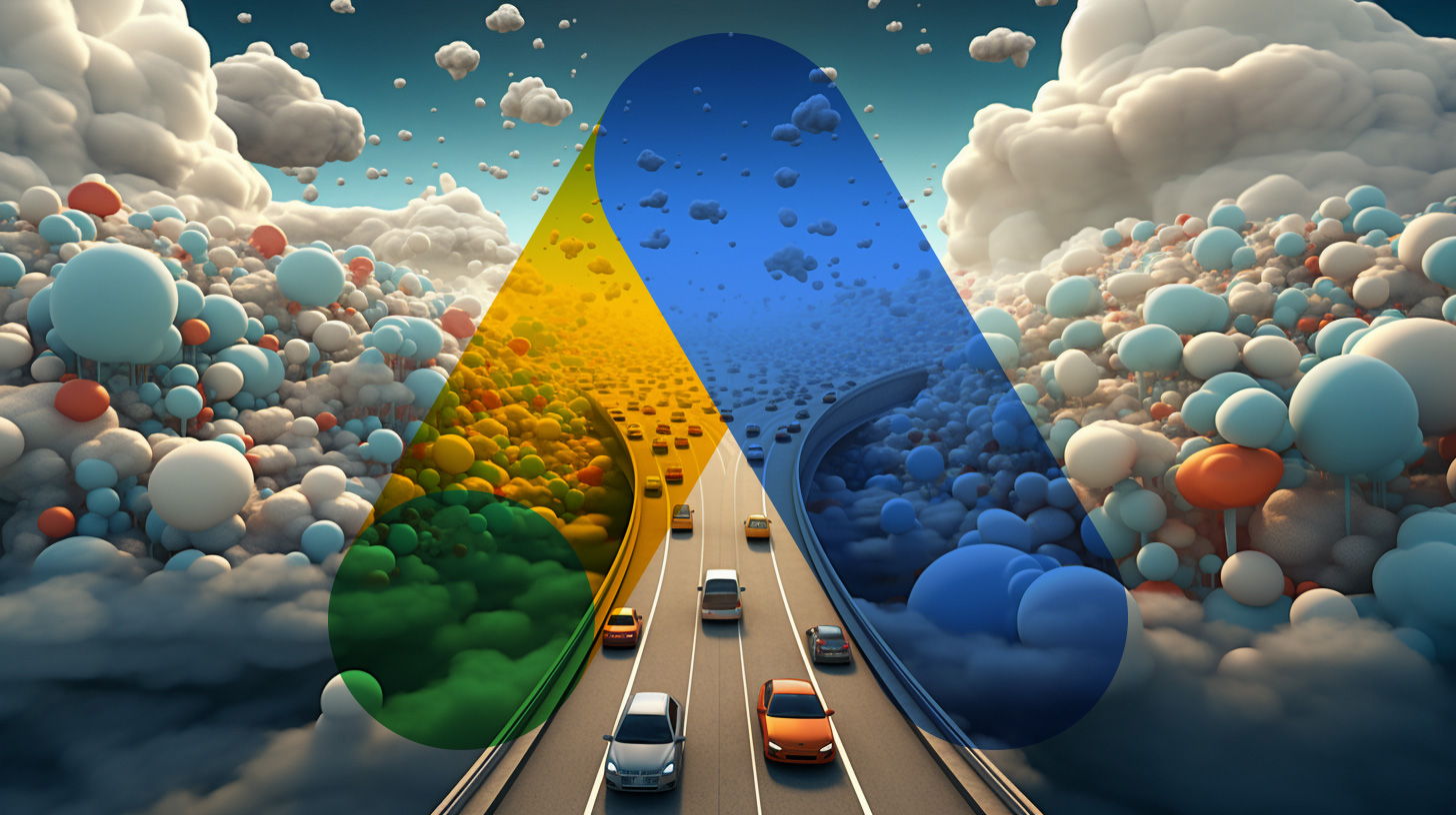 Vielspurige Autobahn inmitten von Kugeln mit Google Ads Logo Overlay