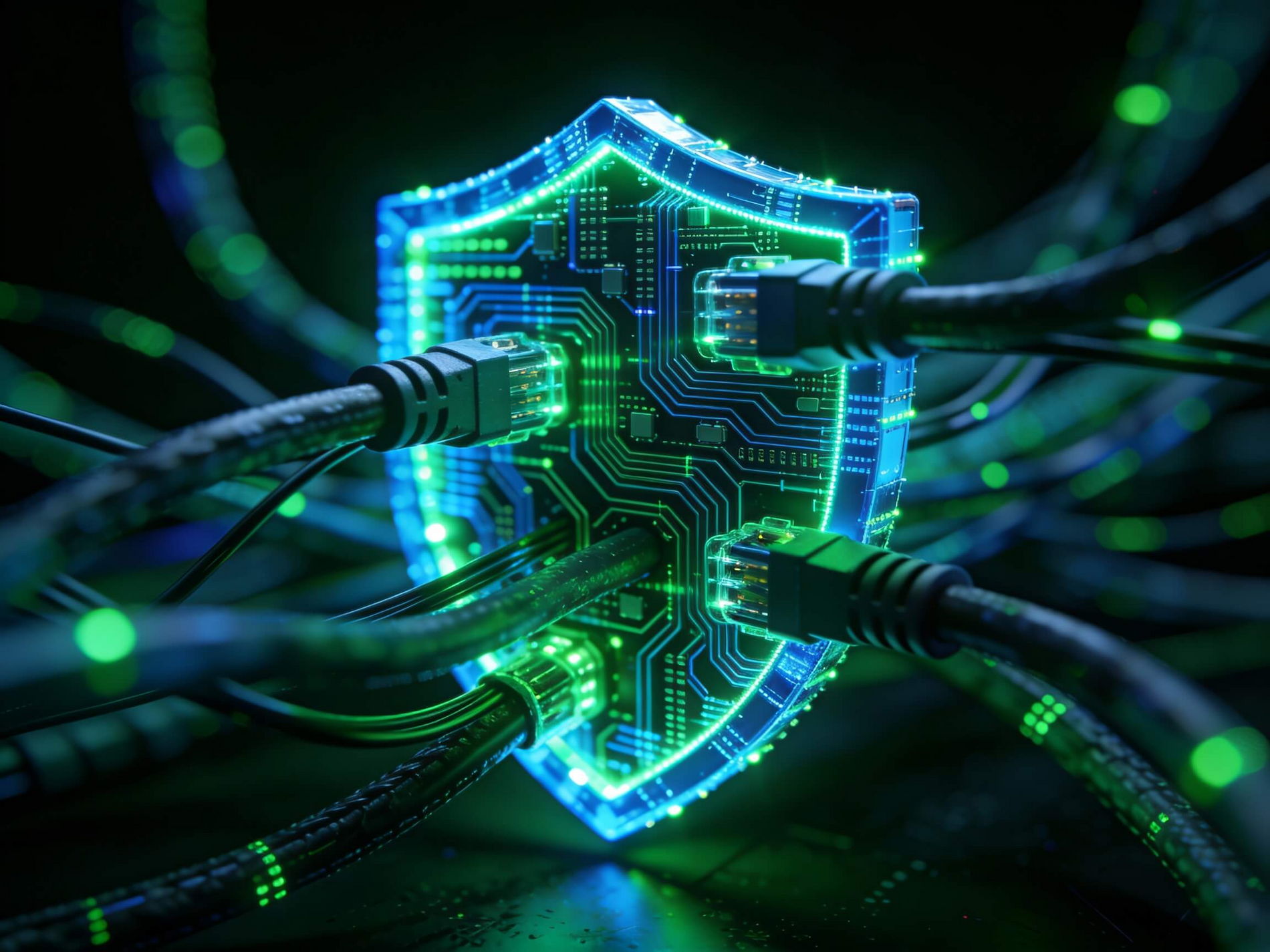 Abstrakte Darstellung eines digitalen Schutzschildes und Server-Racks, symbolisch für maximale Sicherheit und Updates bei der Website Betreuung.