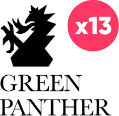 Logo des Green Panther mit pinkem Kreis und der Zahl 13