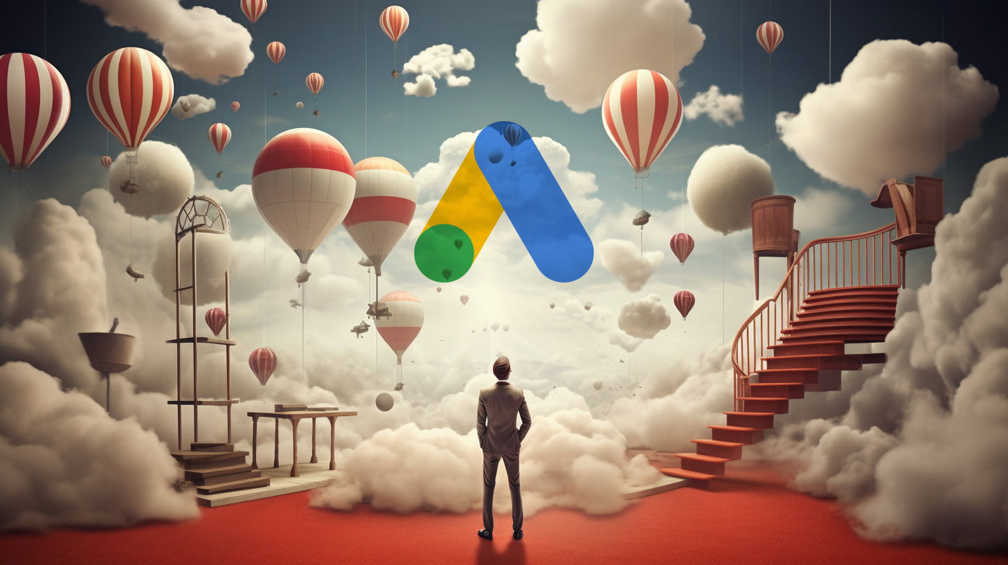 Mann steht in einer Spähre aus Wolken und Ballons