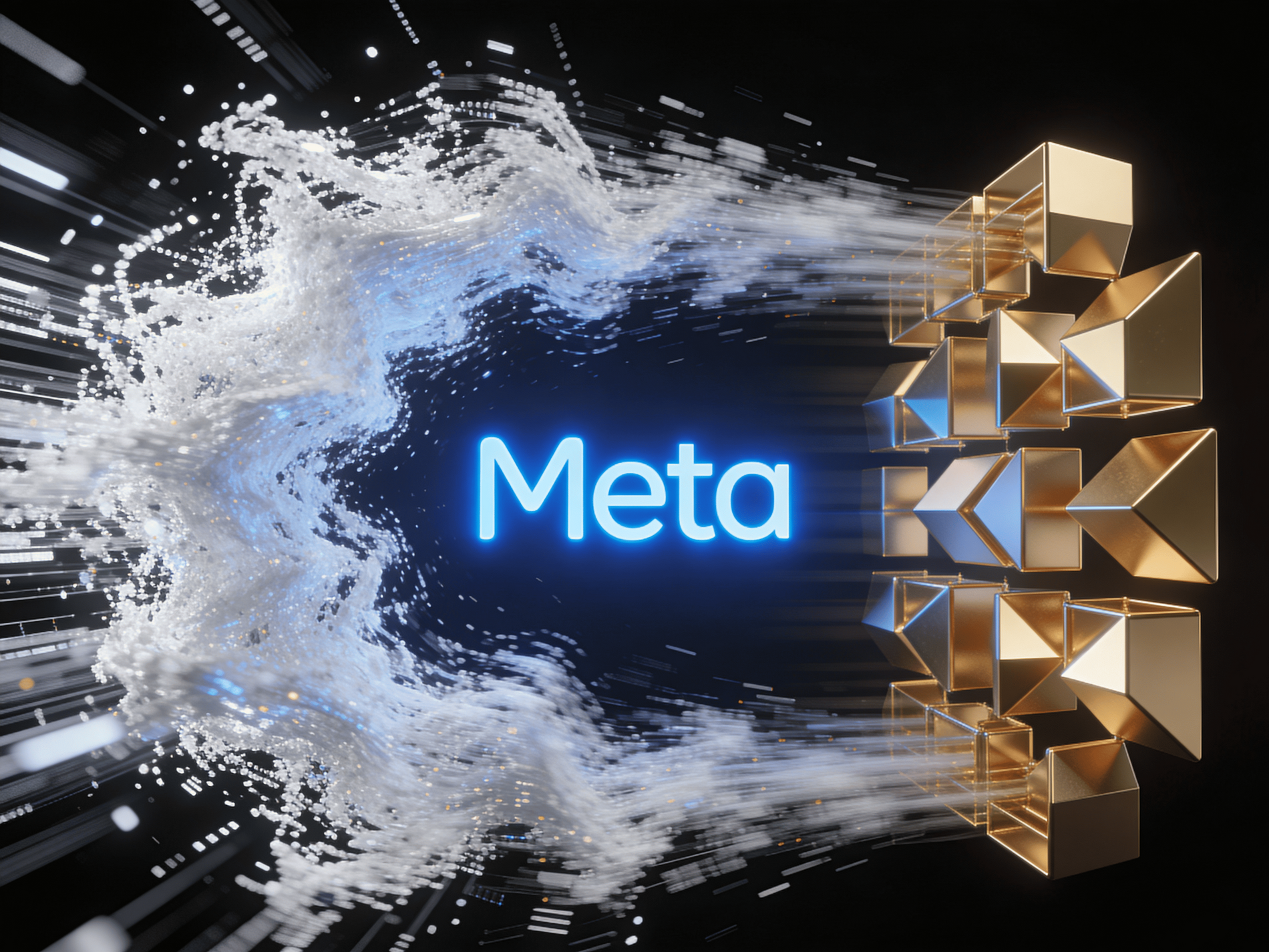 Futuristisches Netzwerk-Hub mit Meta-Logo im Zentrum, verbunden mit verschiedenen Screens, die Video- und Bildanzeigen zeigen – Symbol für das diverse Meta-Werbeökosystem und Reichweite.