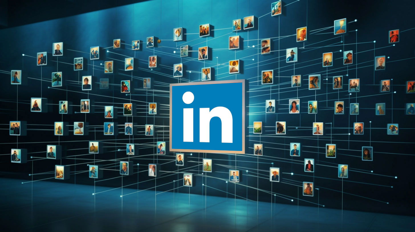 LinkedIn Logo inmitten vernetzter Portraits