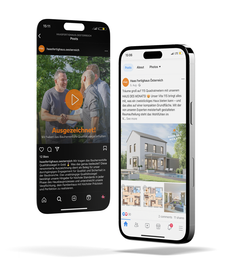 Smartphone mit Social Media Beiträgen von Haas Fertigbau