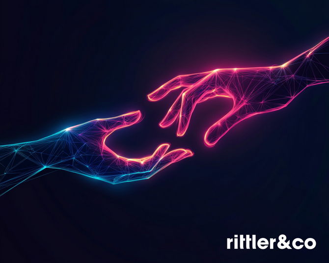 Zwei stilisierte, futuristische Hände aus leuchtenden Linien, die sich fast berühren. Die Hände sind in einem digitalen, geometrischen Design dargestellt, das an ein Netzwerk aus Neonfarben erinnert.