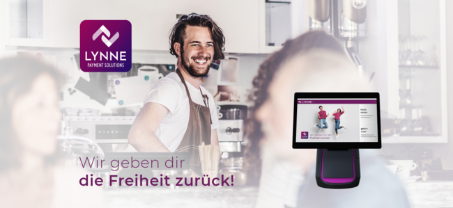 Foto für LYNNE, das im Hintergrund einen Barista im Coffeeshop und in der rechten unteren Ecke einen Bildschirm mit ihrer Website zeigt