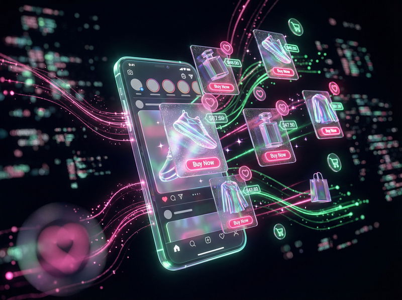 Holografisches Smartphone zeigt einen Social-Media-Shopping-Feed, aus dem 3D-Produkte mit Preisschildern und Kaufbuttons in den digitalen Raum schweben – Sinnbild für das nahtlose Shopping-Erlebnis in sozialen Netzwerken.
