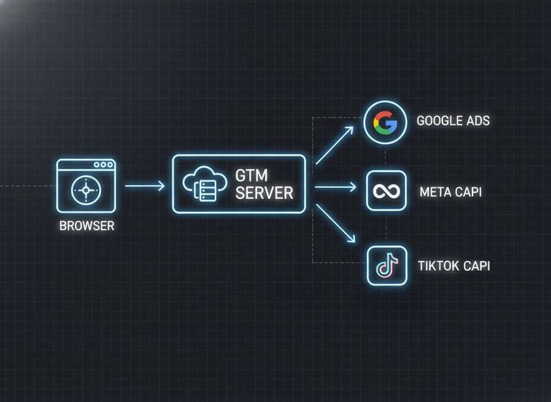 Technisches Diagramm für Server-Side Tracking, das den Datenfluss vom Browser über den GTM Server zu Google, Meta und TikTok zeigt.