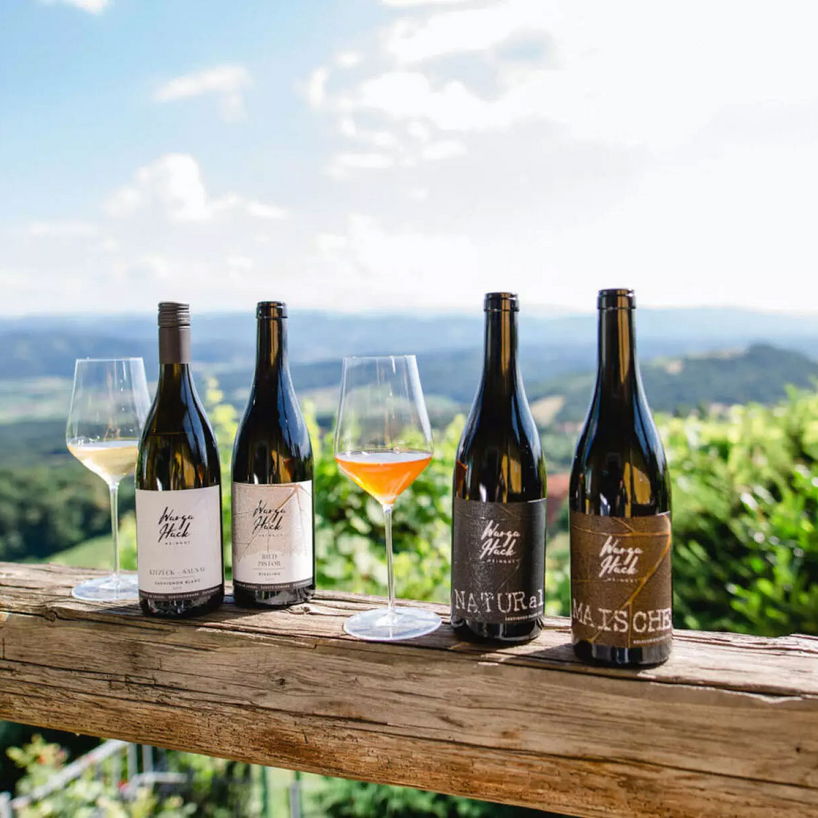 Weinflaschen des Weingut Warga-Hack auf Holzgeländer vor wunderschönem Ausblick in die Natur