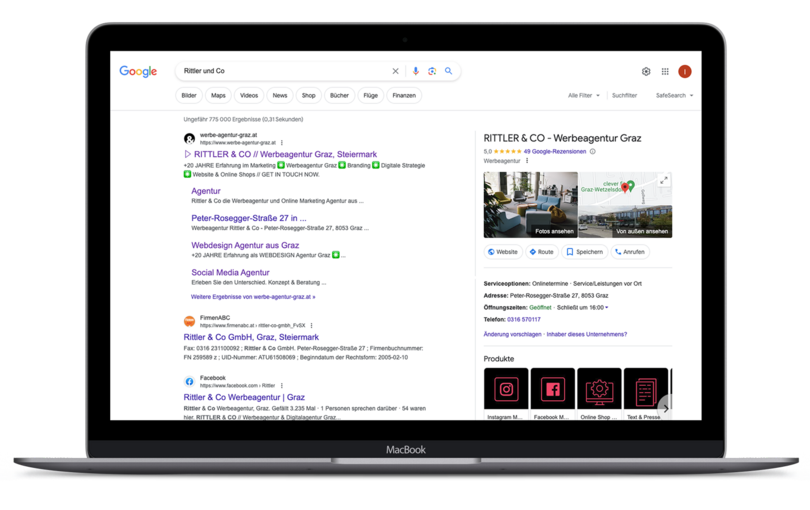 Macbook mit Google Suchergebnissen zu Rittler & Co