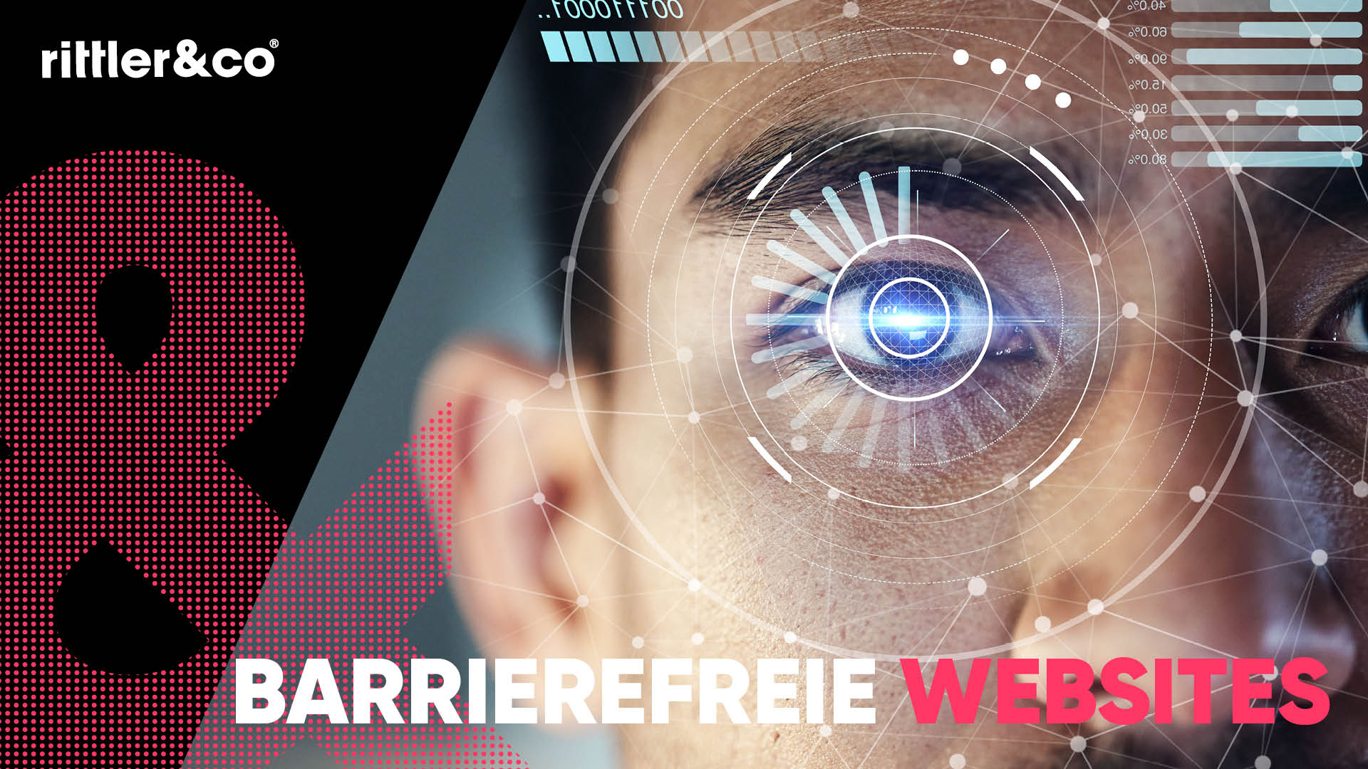 Es ist eine Nahaufnahme eines menschlichen Auges zu sehen, umgeben von digitalen, holografischen Kreisen und technischen Elementen, die Interaktivität und Technologie symbolisieren.