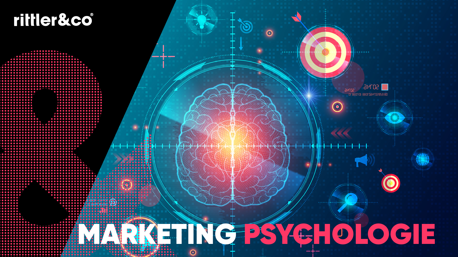 Eine stilisierte Illustration eines Gehirns im Fadenkreuz, umgeben von Symbolen wie Zielscheiben, Glühbirnen und Pfeilen, die verschiedene Konzepte der Marketingpsychologie darstellen.