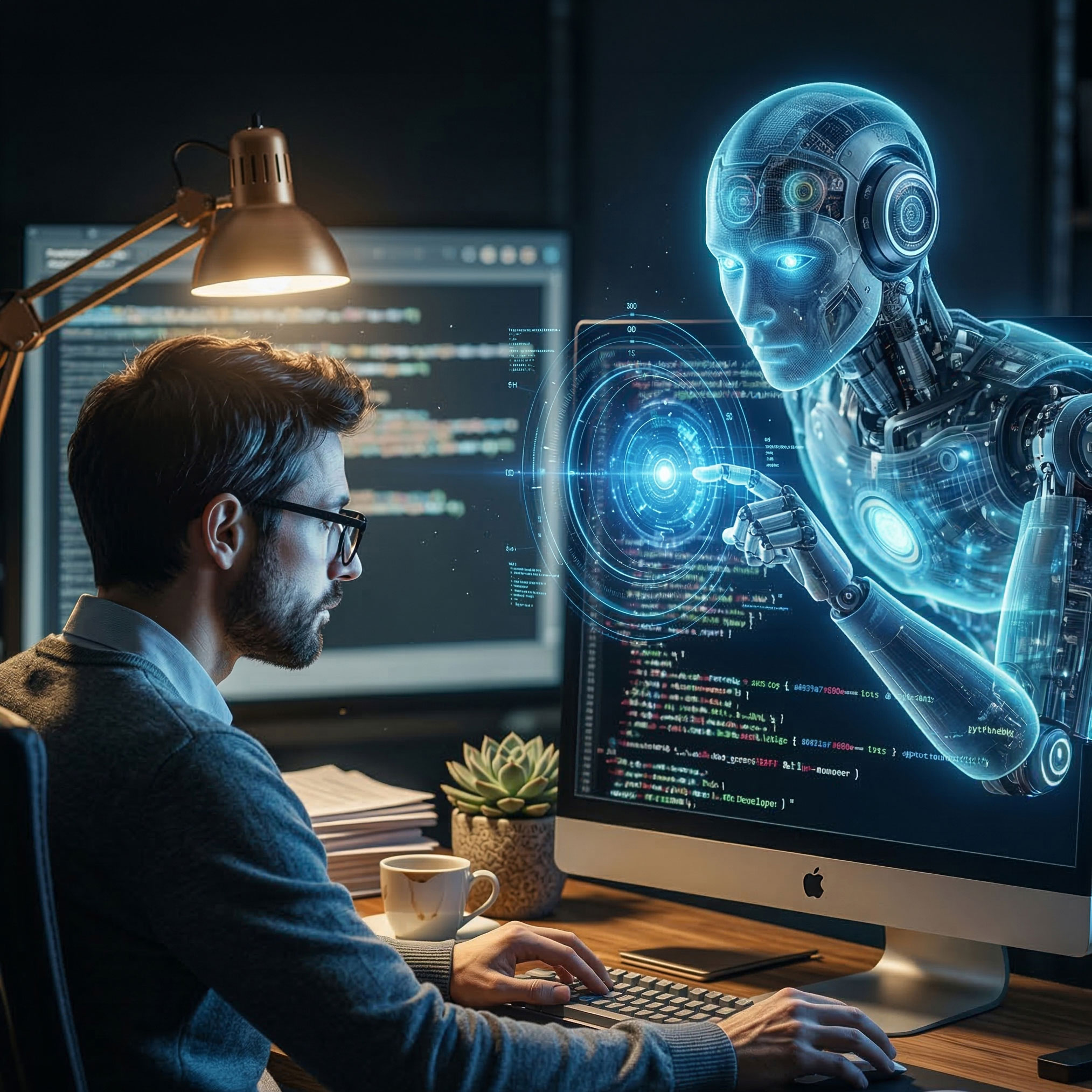 Ein Mann mit Brille sitzt an einem Schreibtisch und arbeitet am Computer. Aus dem Bildschirm ragt der Oberkörper eines bläulich leuchtenden, futuristischen Roboters, der mit seinem Finger auf ein schwebendes, holografisches Interface zeigt.