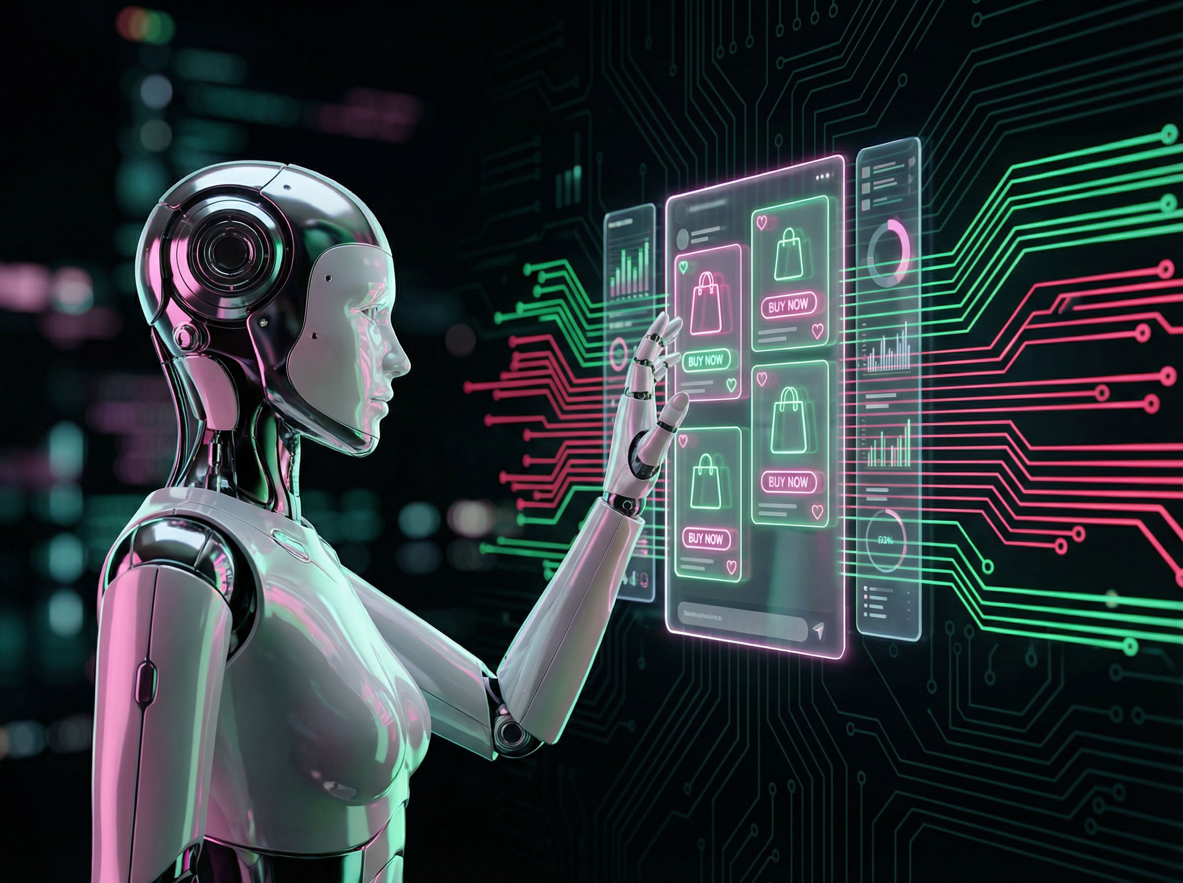 Futuristischer Roboter hält einen holografischen Social-Media-Feed mit Shopping-Elementen in der Hand – symbolisch für Social Commerce auf Plattformen wie TikTok Shop und Instagram Shopping.