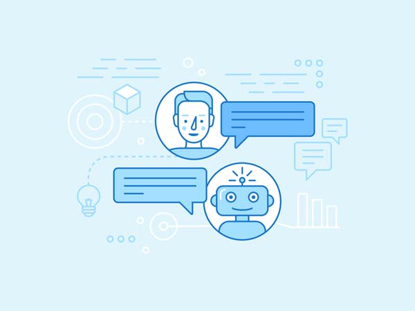 Chatbot kommuniziert mit Mensch, Onlinemarketing, Werbeagentur