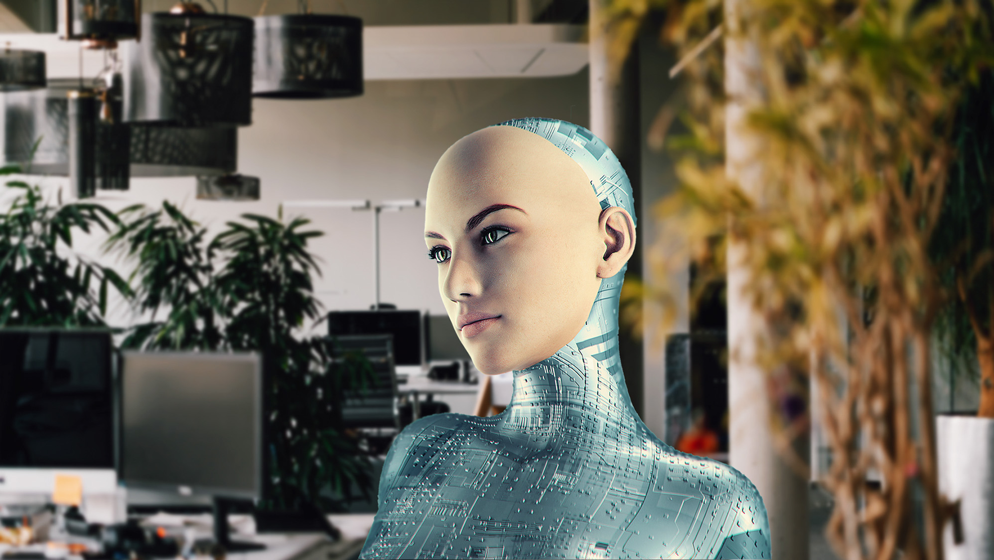 Künstliche Intelligenz in Form einer Roboterfrau, die in der Agentur steht